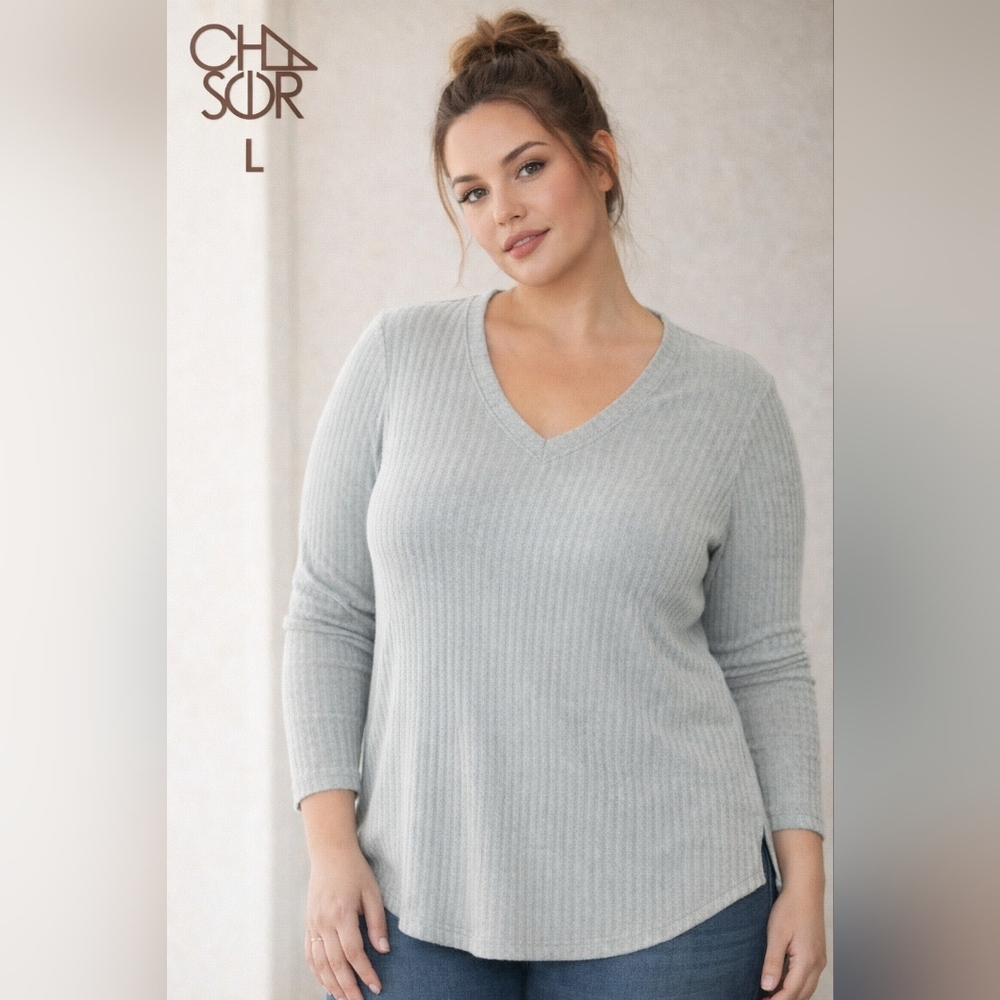 Chaser Women’s Gray Waffle Knit V-Neck Long Sleeve Top Size L